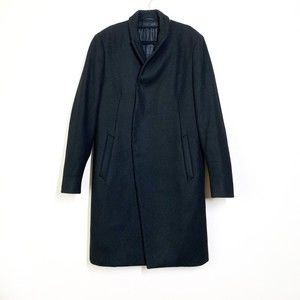 All Saints Sion Coat Men's 38 Medium Black Wool Blend Leather Accent Overcoat